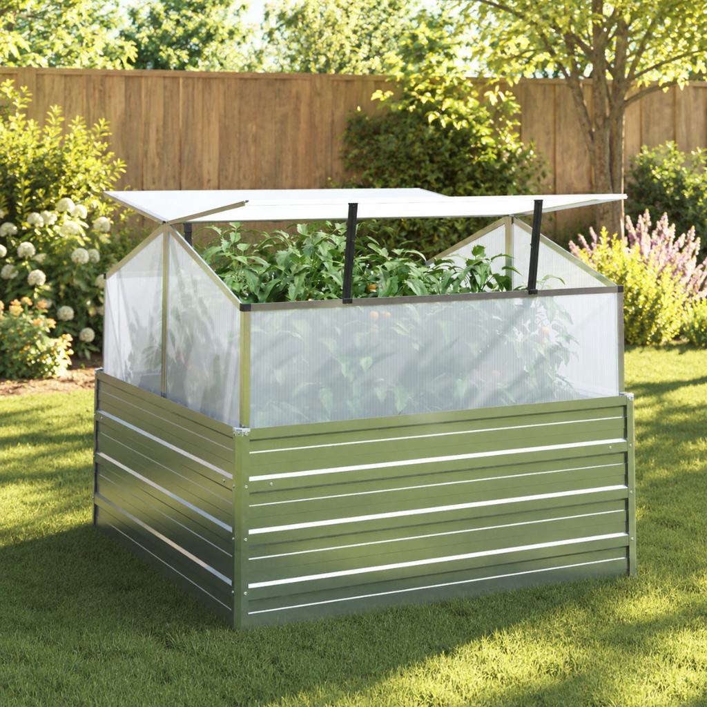 Jardinière Surélevée avec Serre, 100x100x85 cm Métal Argenté