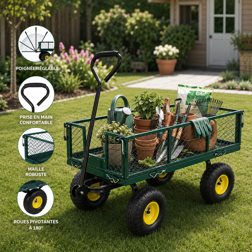 Chariot de jardin 408 kg à roues pivotantes