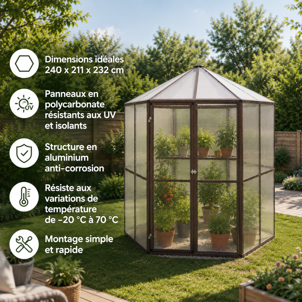 Serre de Jardin Hexagonale Vitrée 5m²  - 240×211×232 cm