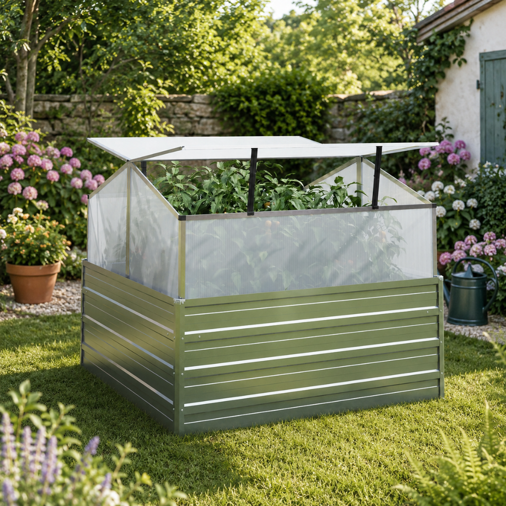 Jardinière Surélevée avec Serre, 100x100x85 cm Métal Argenté