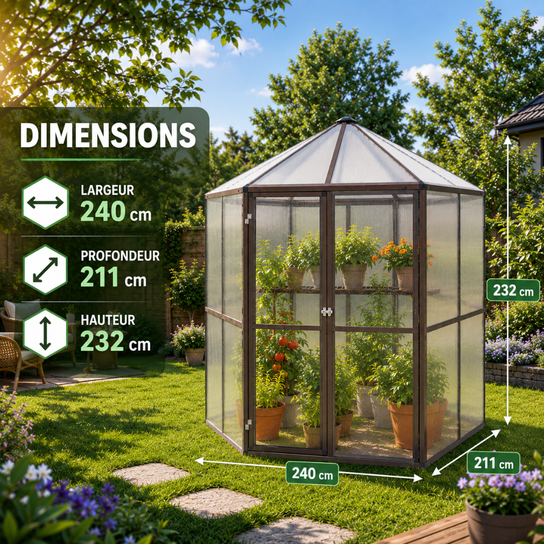 Serre de Jardin Hexagonale Vitrée 5m²  - 240×211×232 cm